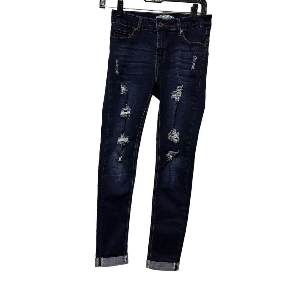 Wax Jeans Size 1 Womens Juniors Blue Denim Skinny Stretch‎ Distressed Cuff